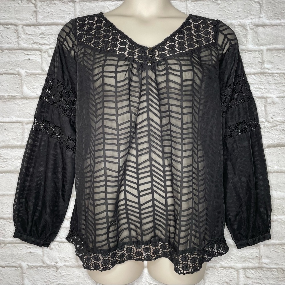 Calvin Klein Sheer Crochet Geometric Blouse Women’s L Black Long Sleeve Button